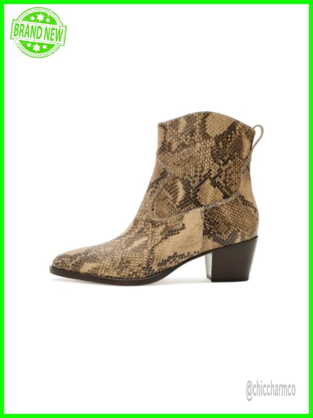 Python-Embossed Leather Ankle Booties Pointed Toe Block Heel - Picture 4 of 6